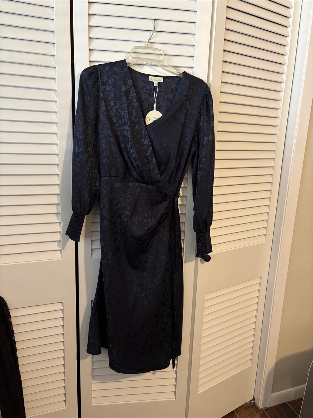 Chenault Navy Jacquard Wrap Dress with Smocked Cuffs